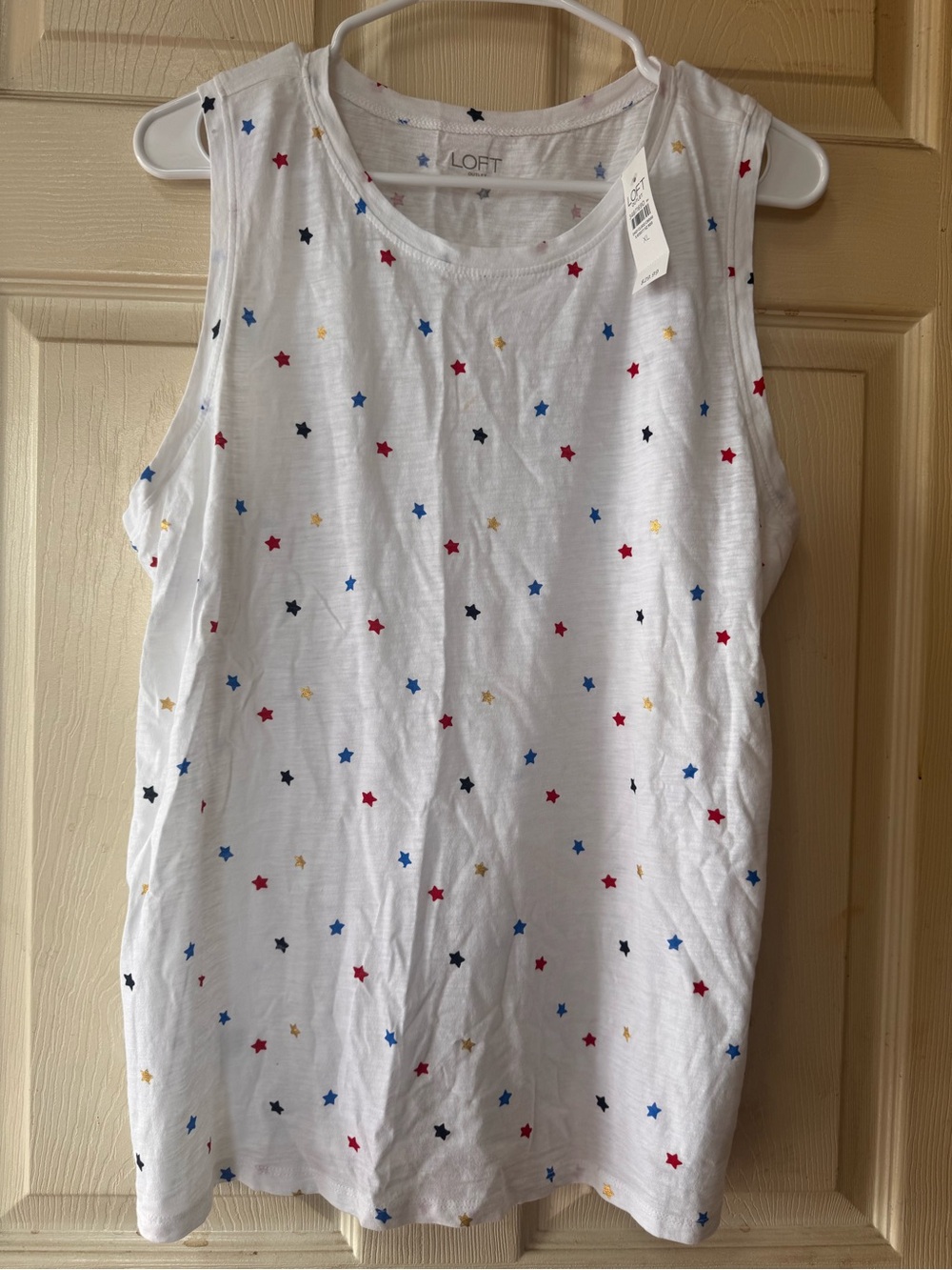 LOFT White Star-Print Sleeveless Tank with Red, Blue, Gold Stars
